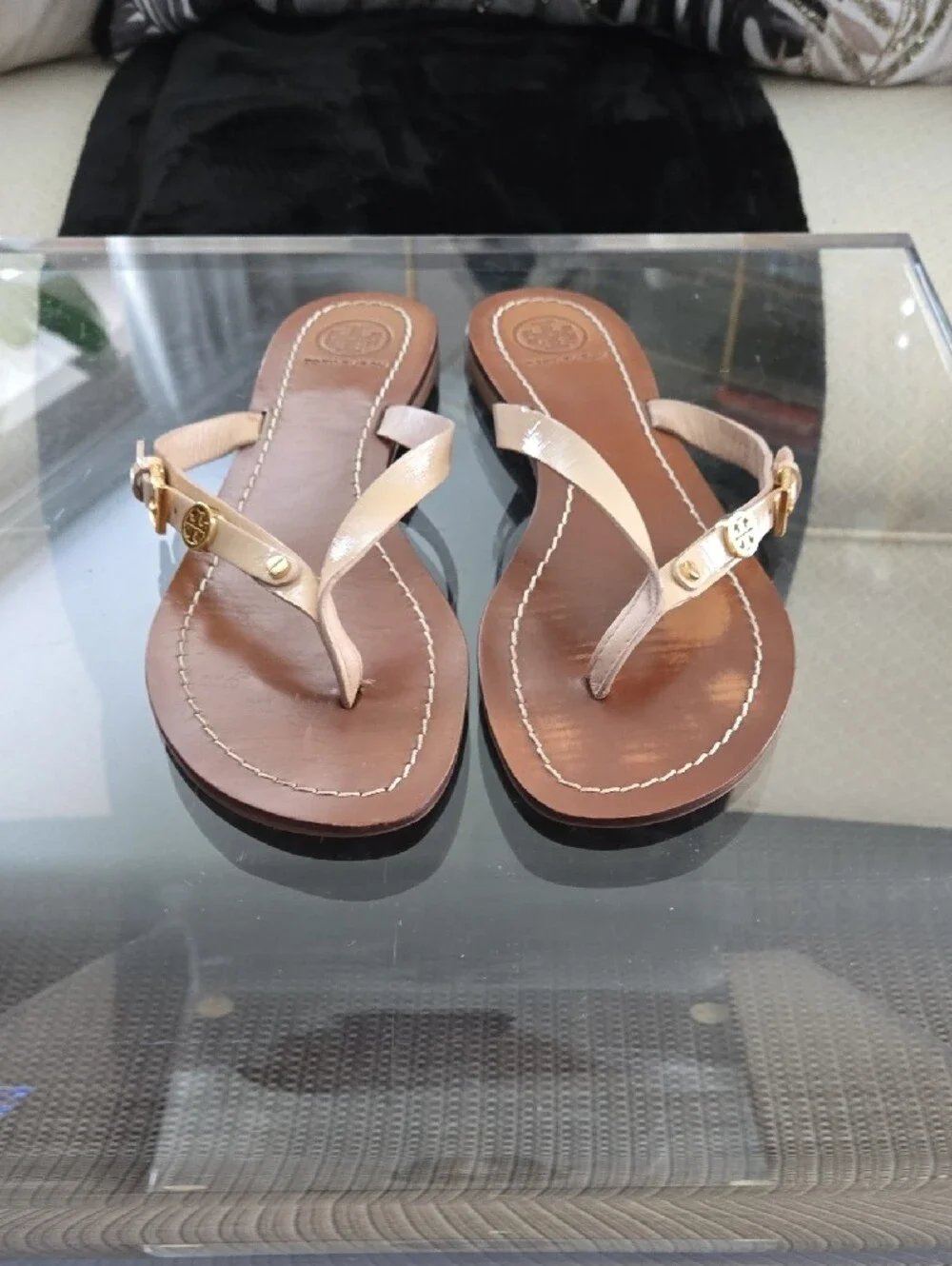 Tory Burch Beige Leather Thong Sandals with Gold Logo
